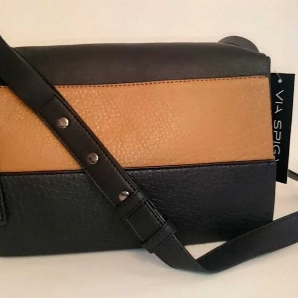 Via Spiga New Bag 2-tone Leather Crossbody Handbag BLACK BROWN